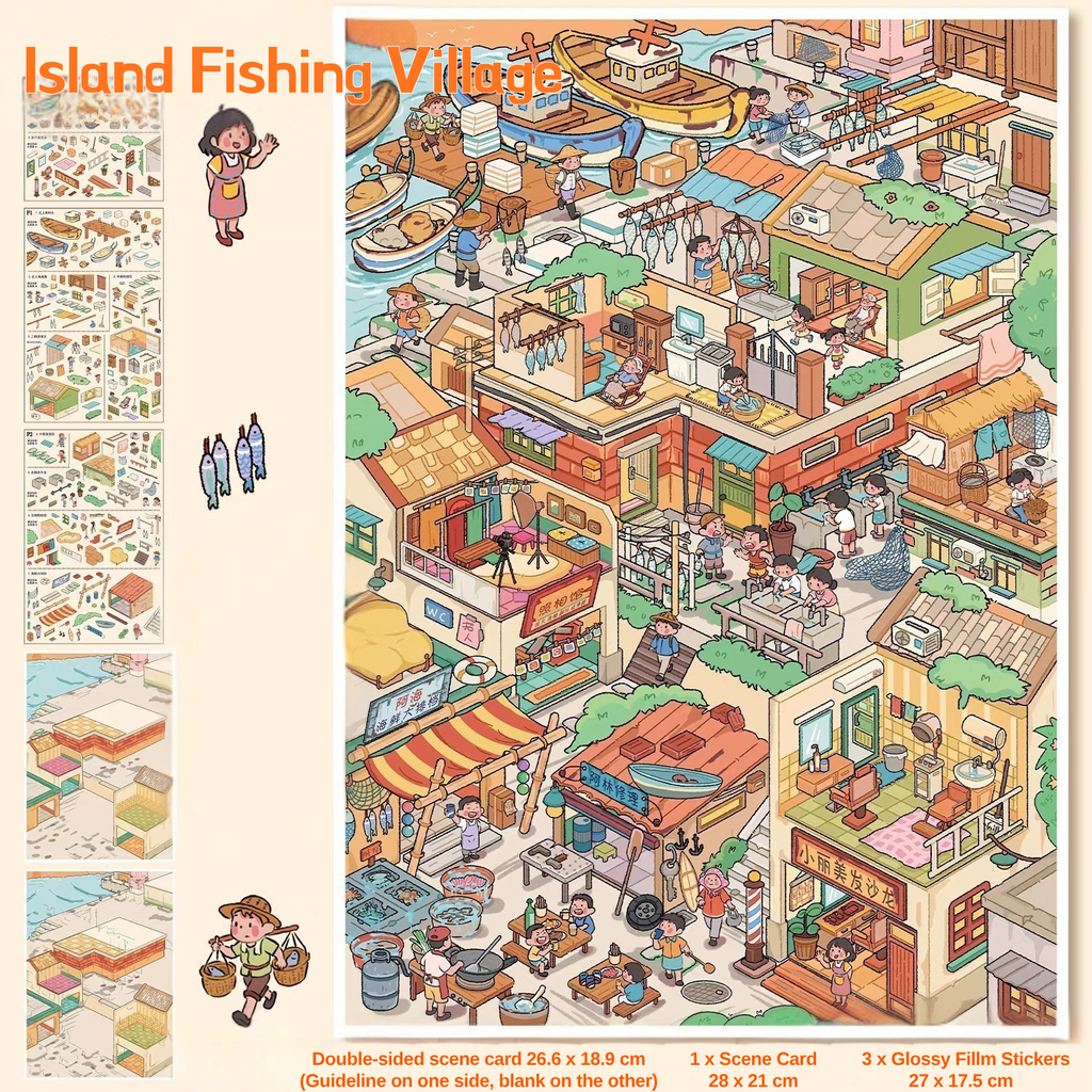 Island Fishing Village 3D Sticker Scene - Medium