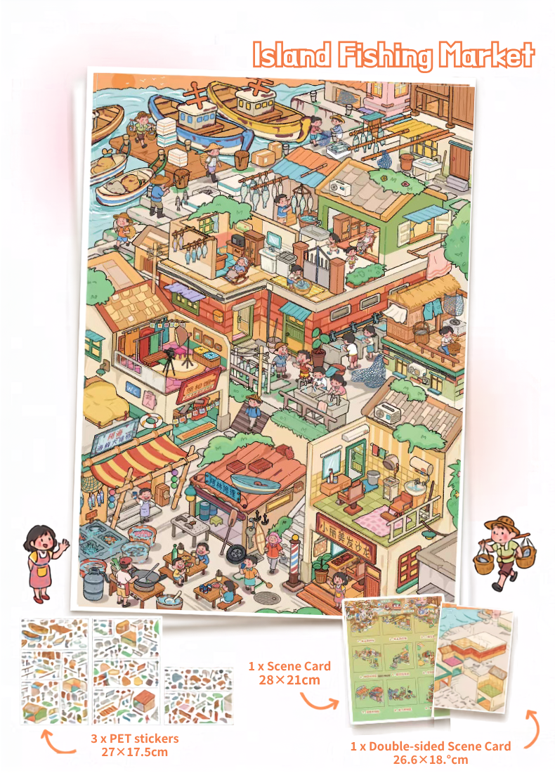 Island Fishing Village 3D Sticker Scene - Medium